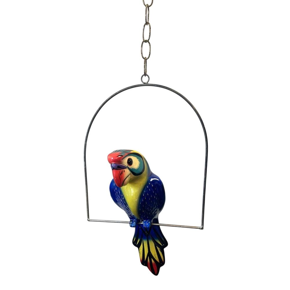 Vintage Ceramic Parrot Bird Brass Swing 16” Maximalist Tropical Decor Hanging